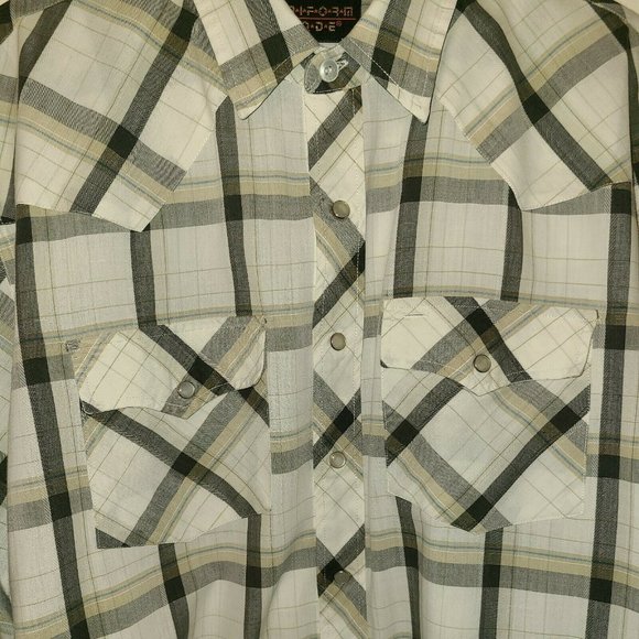 VTG Uniform Code Men's Size L/XL Pearl Snap Western Shirt Gray Khaki Plaid - Picture 7 of 8